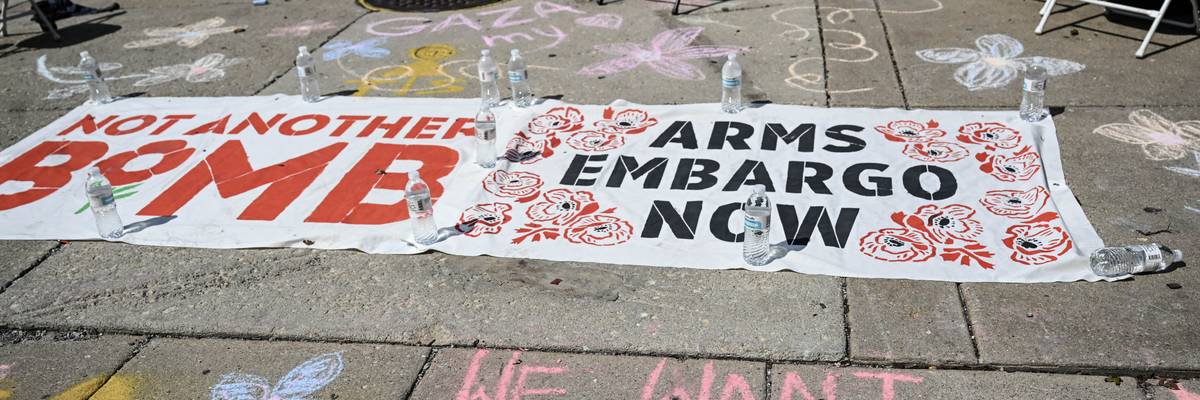 A banner calling for an arms embargo