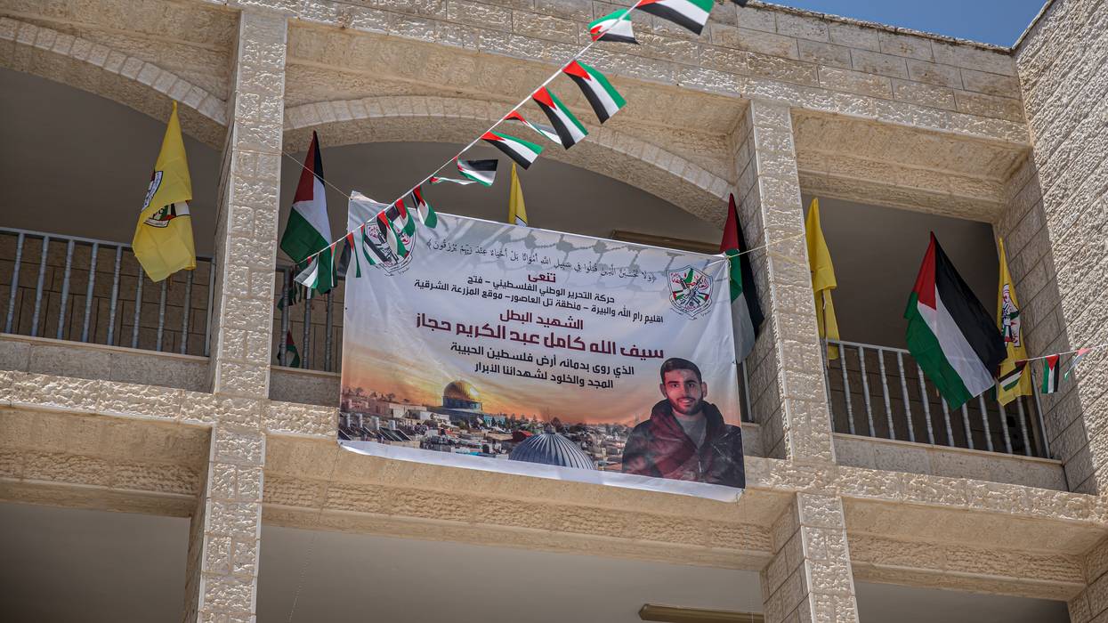 A banner of American citizen Sayfollah Musallet is seen on July 13, 2025 in the West Bank