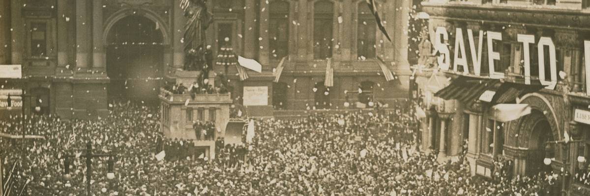 A black-and-white images of an Armistice Day celebration in Philadelphia.