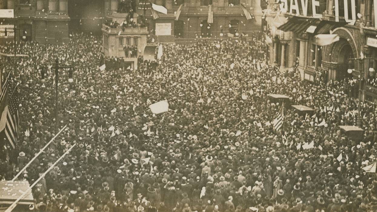 A black-and-white images of an Armistice Day celebration in Philadelphia.