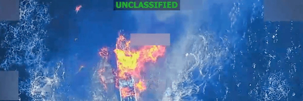 A boat burns after being bombed by US forces in the Pacific Ocean