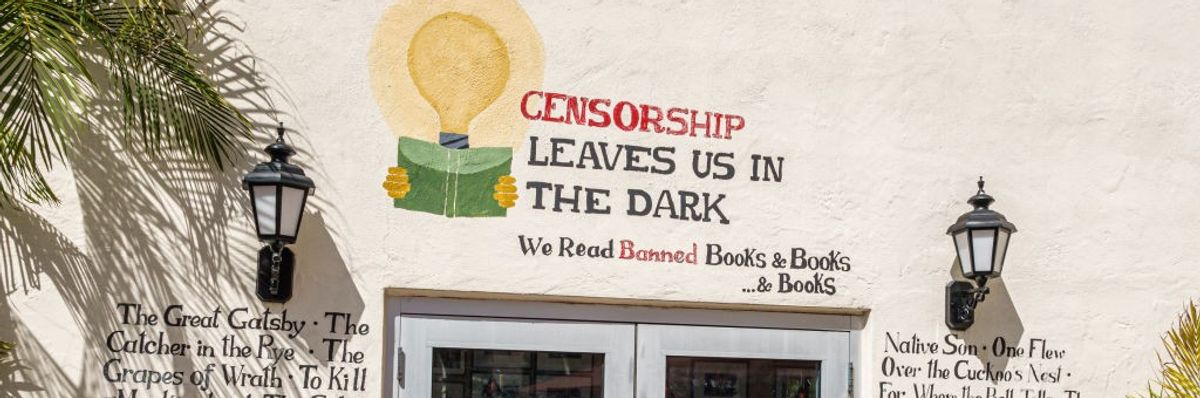 A bookstore entrance opposing censorship.