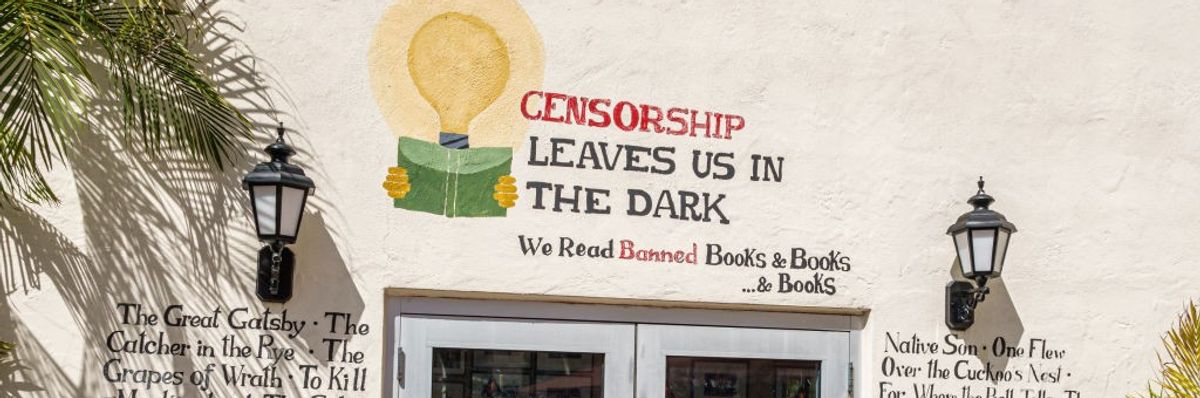 A bookstore entrance opposing censorship. 