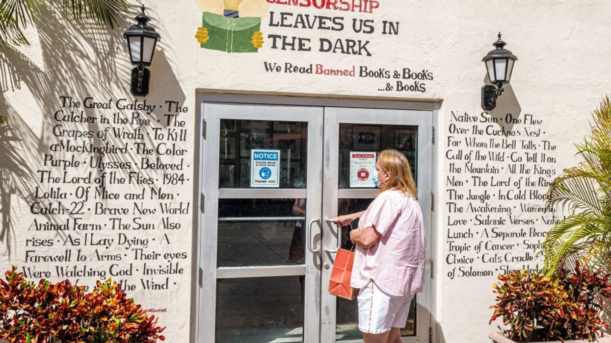 A bookstore entrance opposing censorship.