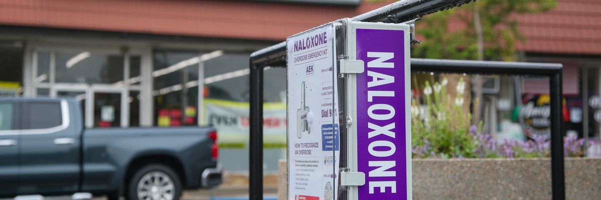 A box containing Naloxone overdose emergency kits installed at Canal Park in Danville, Pennsylvania