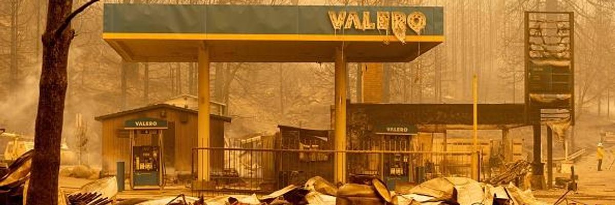 A burned Valero gas station smolders during the Creek fire in an unincorporated area of Fresno County, California on September 8, 2020.
