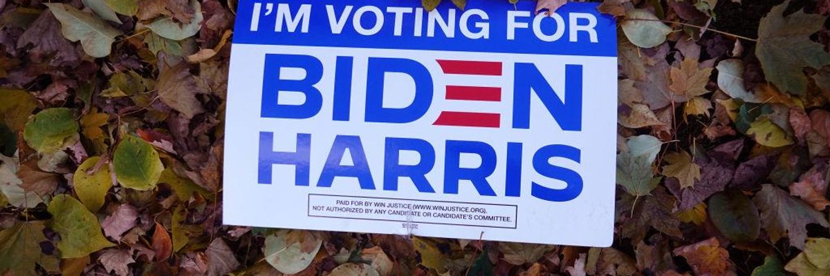 A campaign sign supporting Democratic presidential nominee Joe Biden and his running mate Sen. Kamala Harris