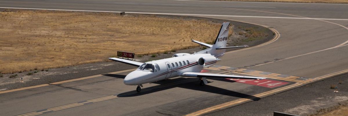 A Cessna Citation jet aircraft is seen at Charles M. Schulz Sonoma County Airport in this aerial photo taken near Healdsburg, California on June 1, 2021.