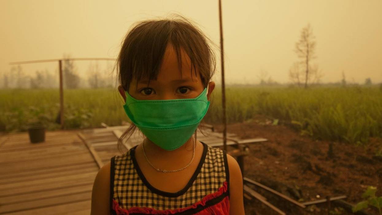 A child wears a face mask to protect from air pollution in Indonesia
