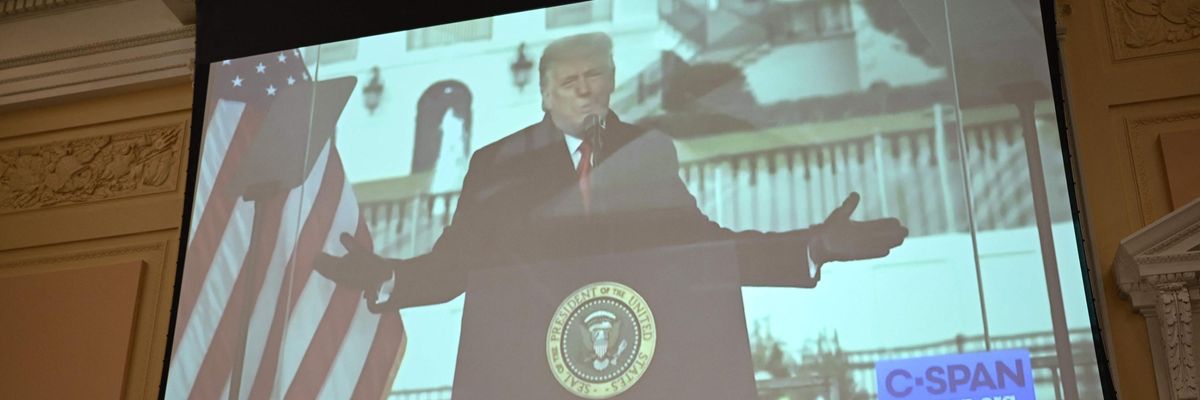 A clip of Trump speaking on January 6, 2021 is shown during a hearing