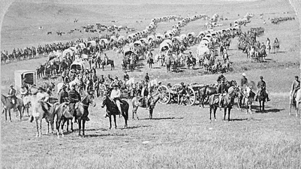 A column of cavalry, artillery and wagons commanded by Gen. George A. Custer crosses the plains of Dakota Territory in 1874. Native Americans' grievance against the Dakota pipeline stretches back more than a century, to the original government incursions on their tribal lands. W.H. (Photo: Illingworth/National Archives)