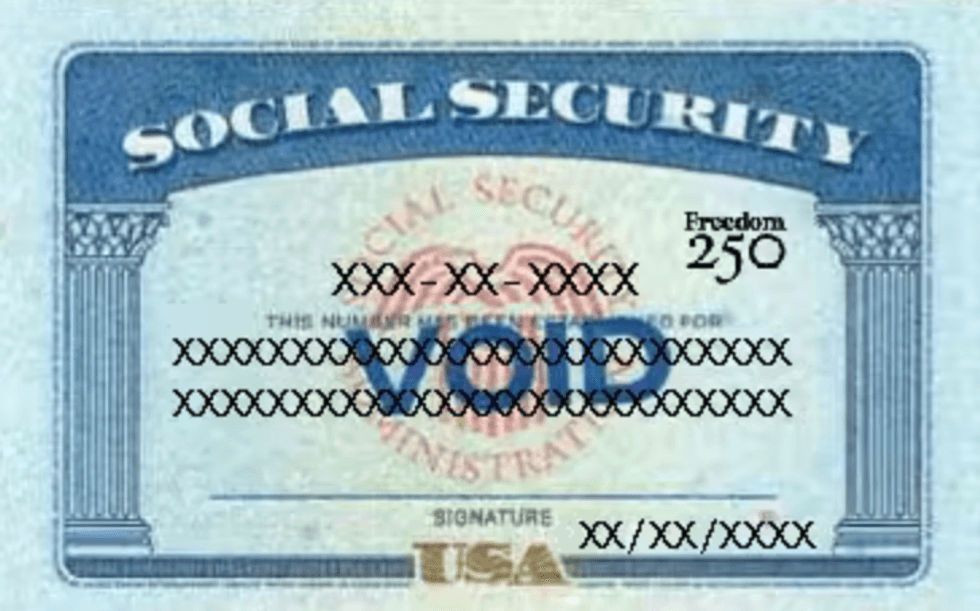 A commemorative Social Security card with a Freedom 250 logo.