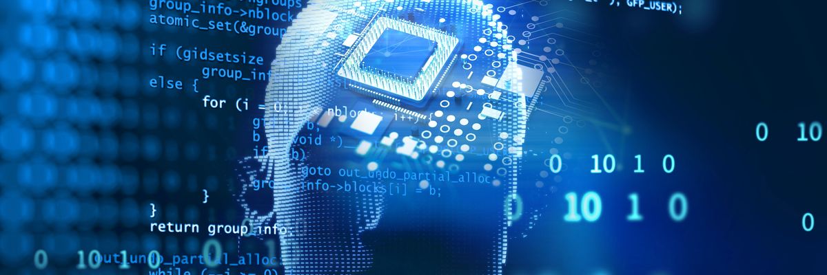 a computer generated image of artificial intelligence featuring a microchip, code, and a human-like face