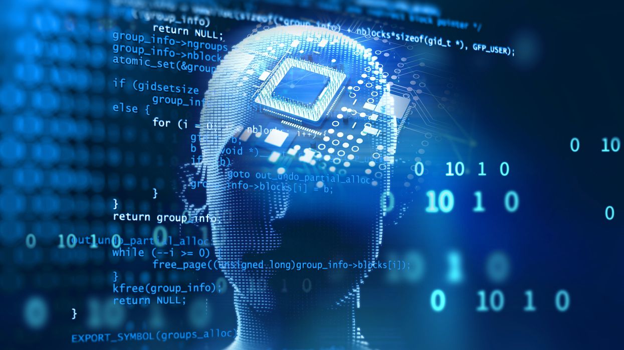 a computer generated image of artificial intelligence featuring a microchip, code, and a human-like face