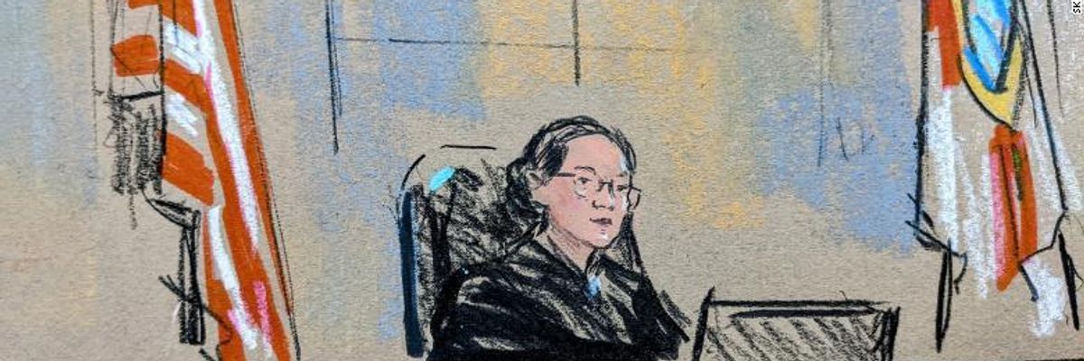 A courtroom sketch is seen of U.S. District Court Judge Aileen Cannon