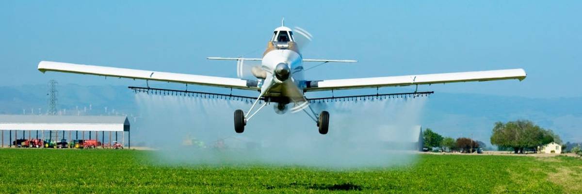 A crop duster plane sprays a field
