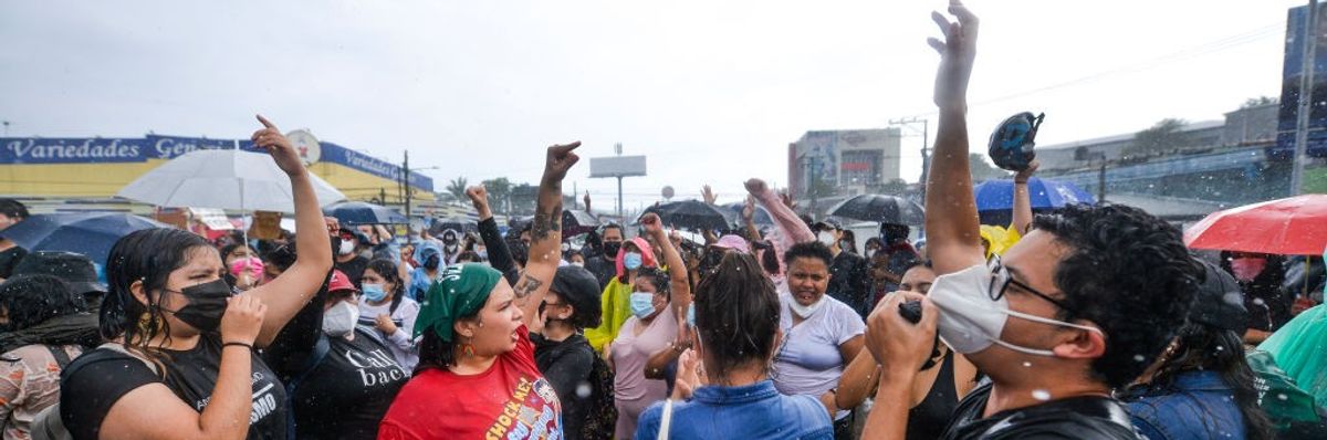 A crowd demonstrates in San Salvador, El Salvador.