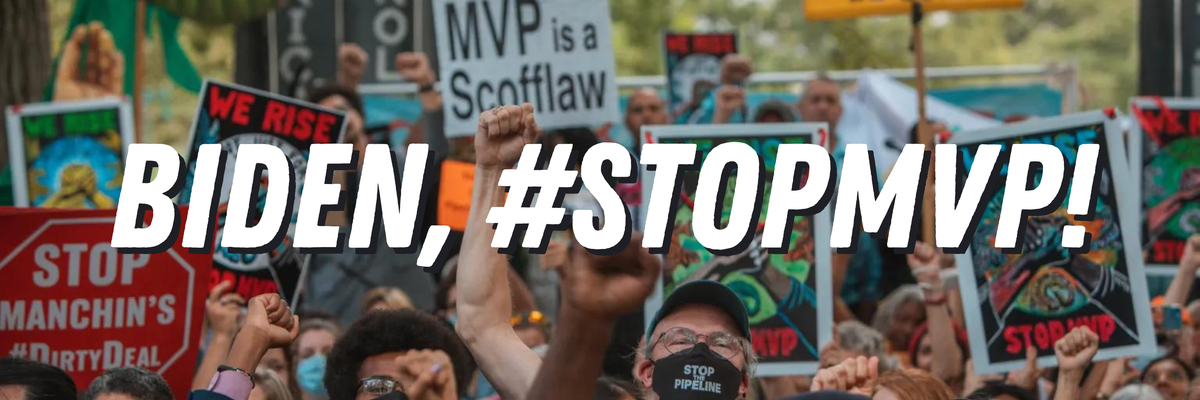 A crowd marches behind the words, “BIDEN, #STOPMVP!” in white.