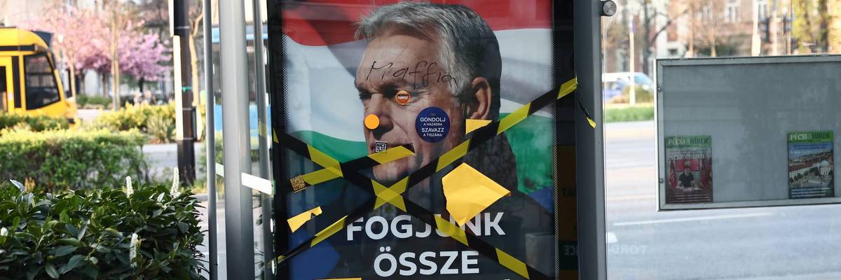 A defaced election poster of Viktor Orban.