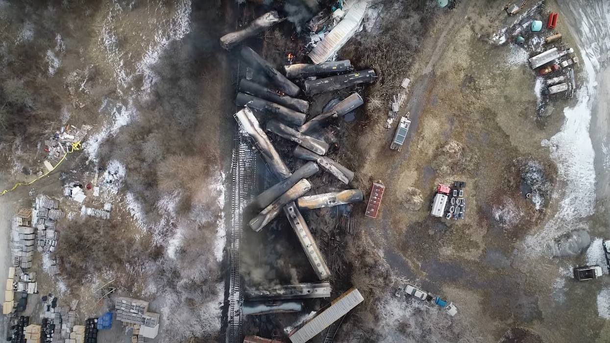 A derailed freight train is seen in East Palestine, Ohio.