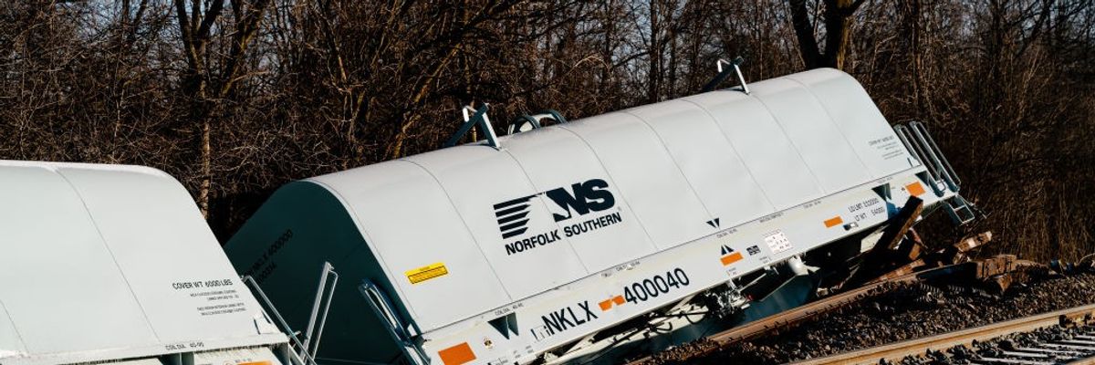 A derailed Norfolk Southern train is seen in Michigan