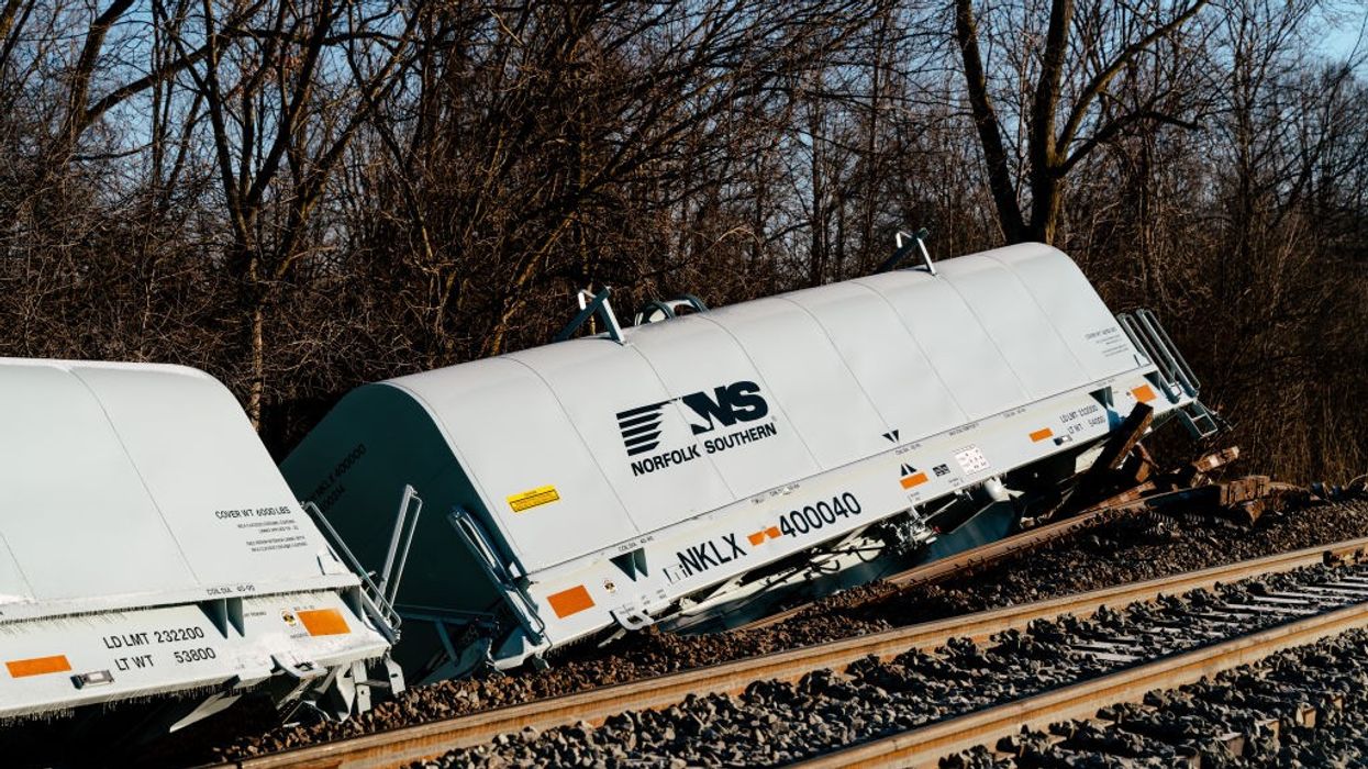 A derailed Norfolk Southern train is seen in Michigan