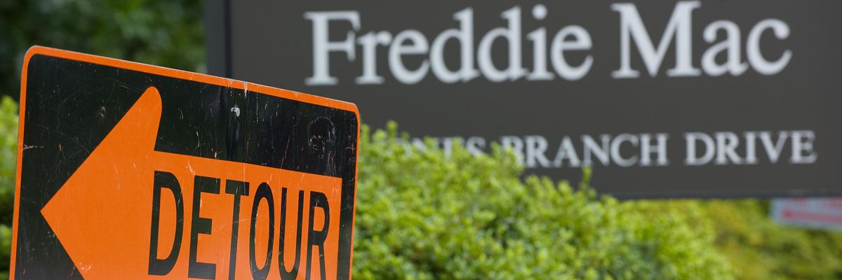 A "detour" sign is posted at the main entrance to Freddie Mac.