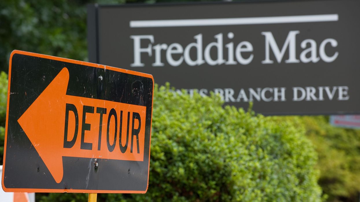 A "detour" sign is posted at the main entrance to Freddie Mac.