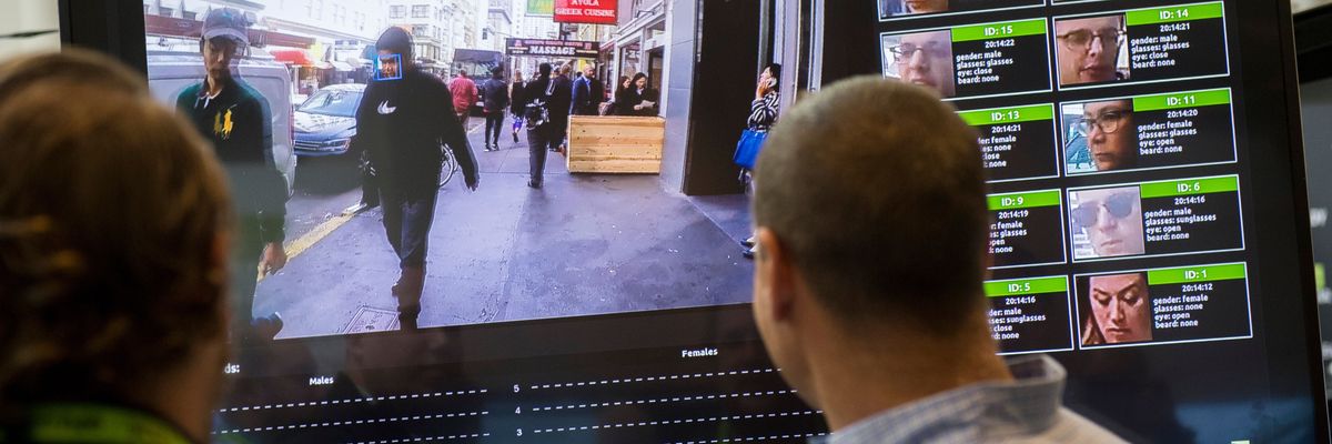 A display shows a facial recognition system for law enforcement during the NVIDIA GPU Technology Conference in Washington, D.C. on November 1, 2017. 