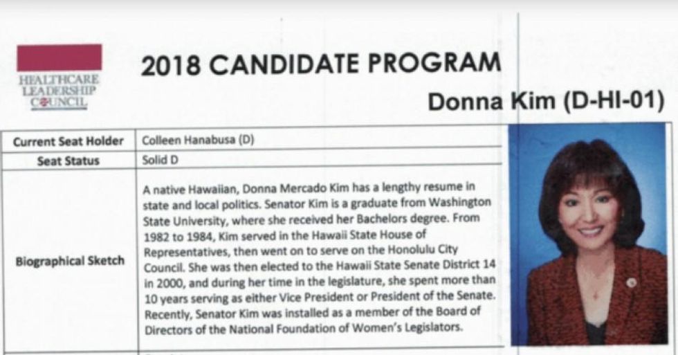 A dossier by the Healthcare Leadership Council, a Big Pharma lobbying group, reads that Hawaii congressional candidate and former state Sen. Donna Mercado Kim