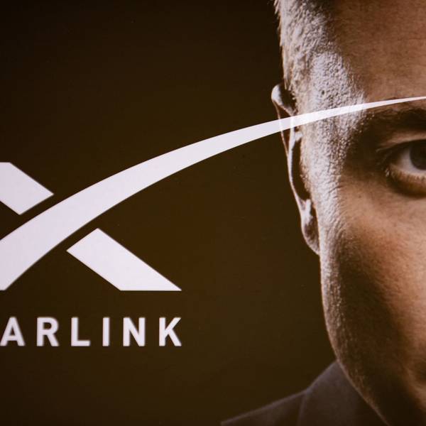 A double exposure photograph shows a portrait of Elon Musk and the Starlink company logo