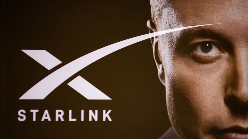 A double exposure photograph shows a portrait of Elon Musk and the Starlink company logo
