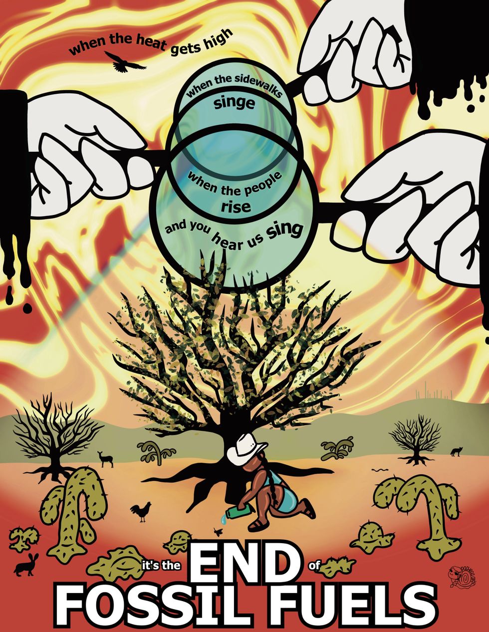 A drawing of hands holding a magnifying glass over a woman watering a desert tree.