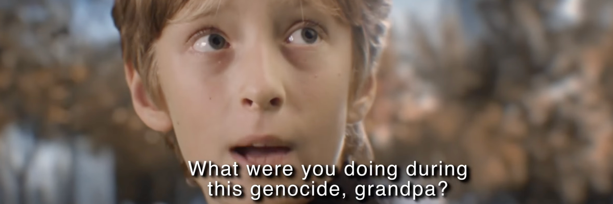 A European boy in a video set in 2040 asks, "What were you doing during this genocide, grandpa?"