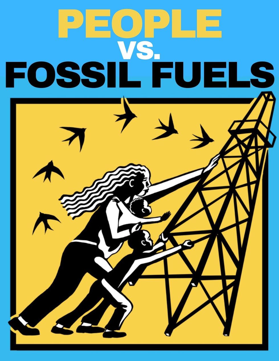 A family pushes over an oil drill.