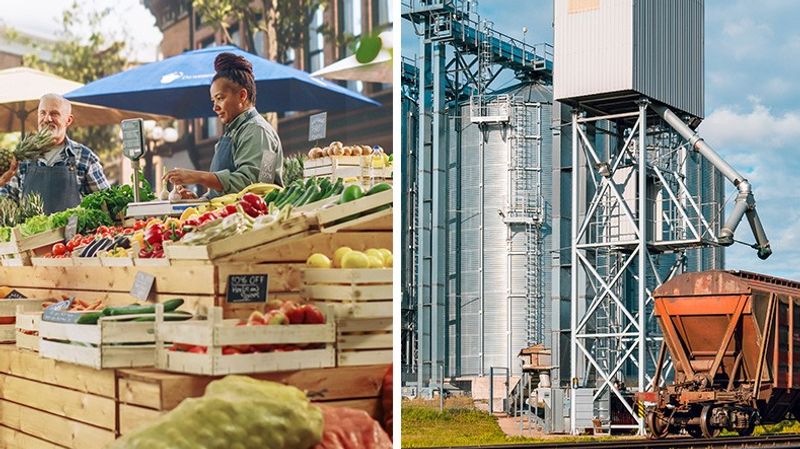 A farmer's market is shown next to a shipping container. 