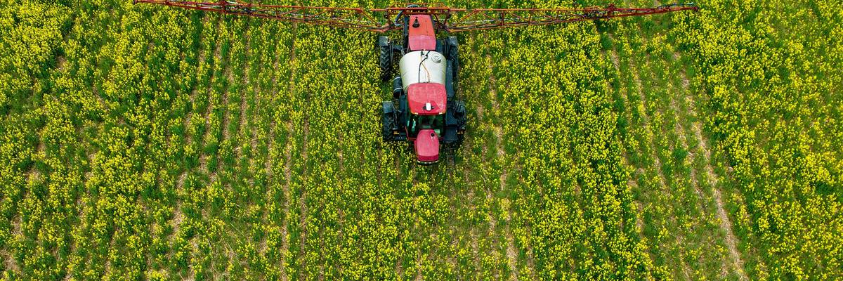 A farmer spreads pesticides on a field in Centreville, Maryland on April 25, 2022.