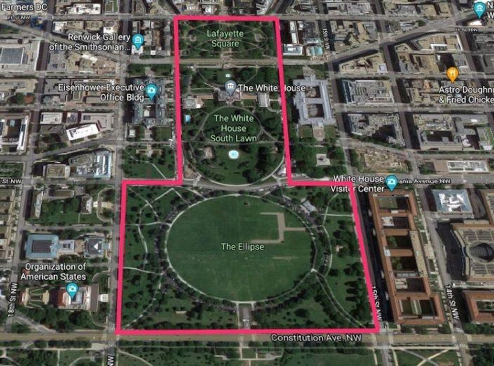 A federal agent indicated that the fence will surround the White House complex and Lafayette and Ellipse Squares, as marked here. (Source: Google Street View via Business Insider)