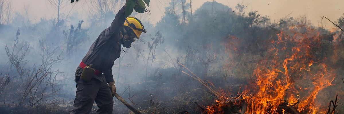 A firefighter combats a fire in the Brazilian Amazon