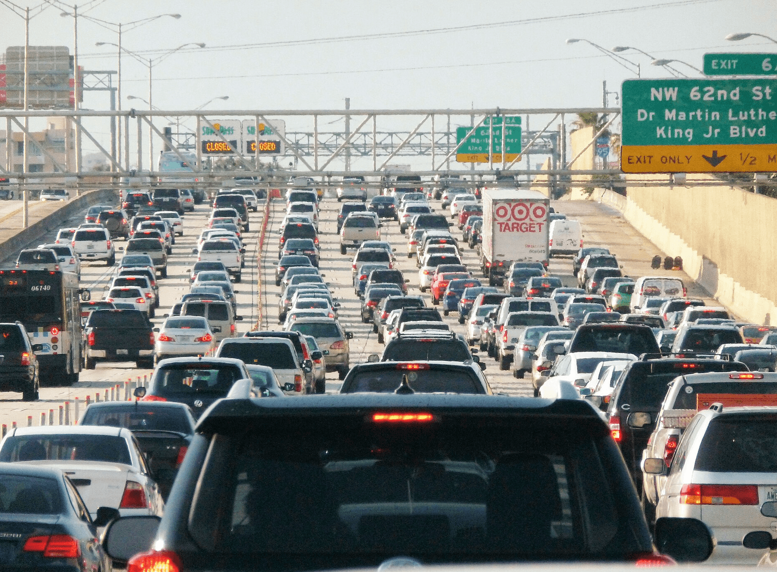 a freeway is clogged with traffic