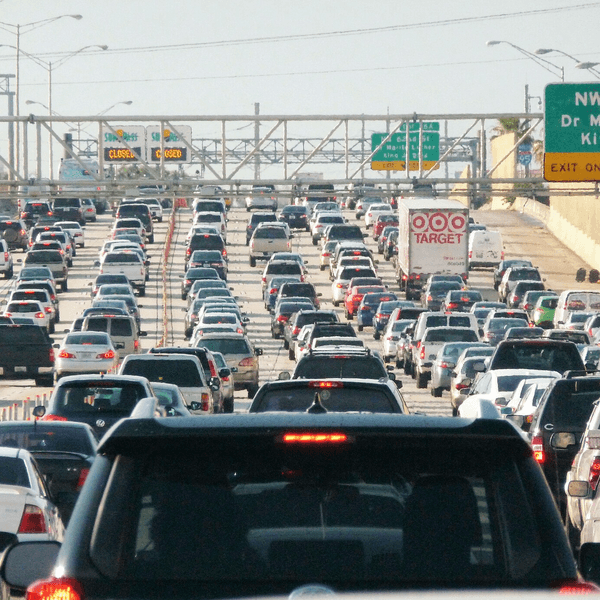 a freeway is clogged with traffic