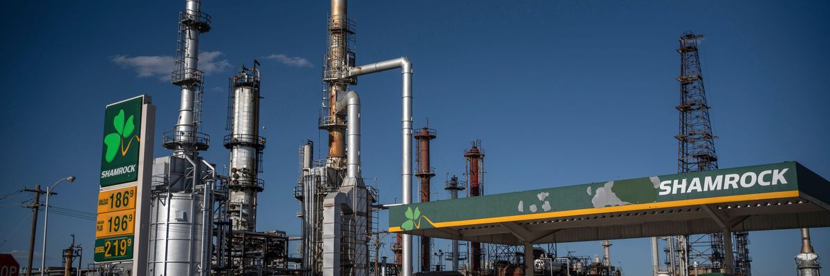 A gas station is pictured in front of Navajo Refining on April 23, 2020 in Artesia, New Mexico. (Photo: Paul Ratje/AFP via Getty Images)