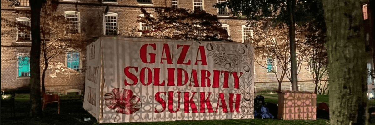 A gaza solidarity sukkah on the campus of Brown University