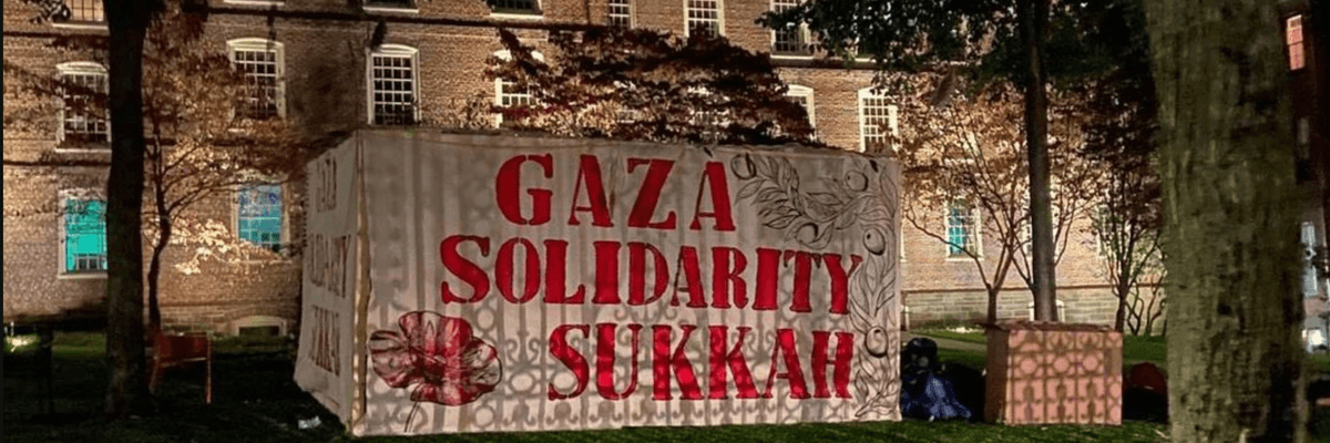 A gaza solidarity sukkah on the campus of Brown University