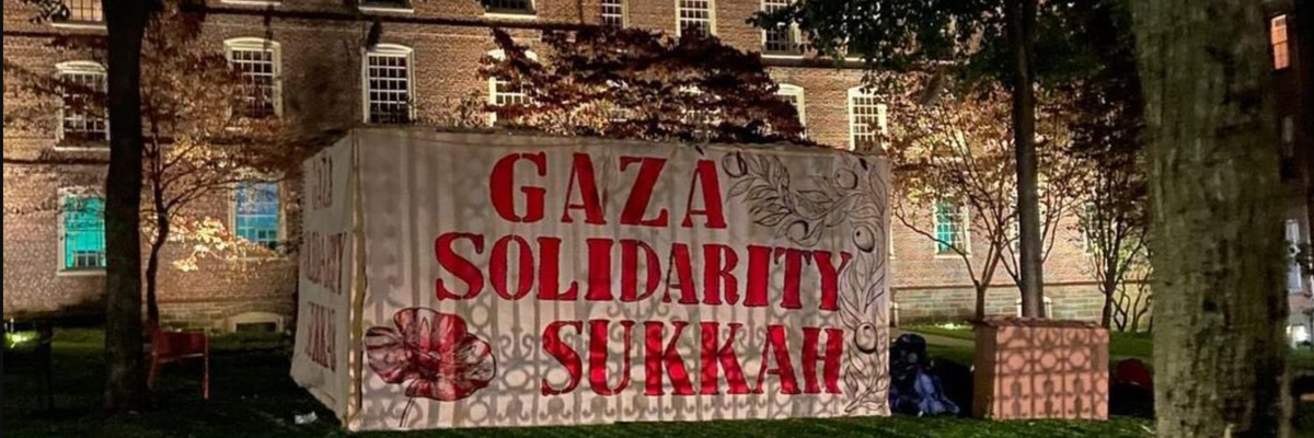A gaza solidarity sukkah on the campus of Brown University