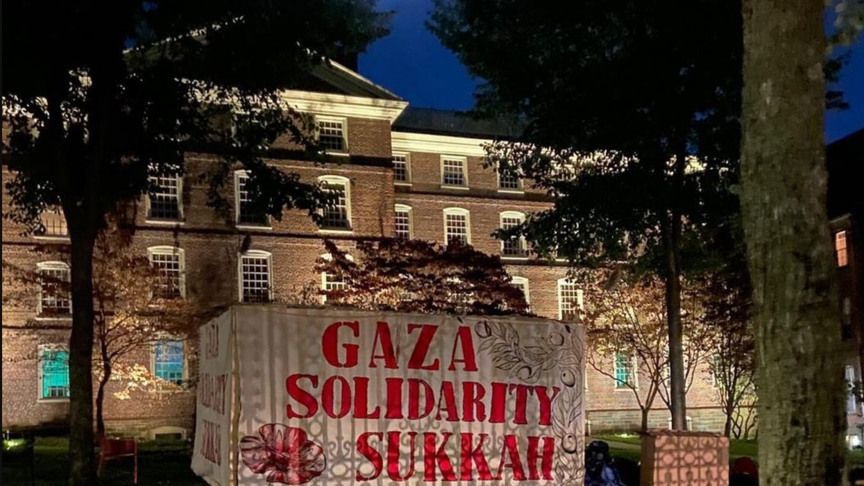 A gaza solidarity sukkah on the campus of Brown University
