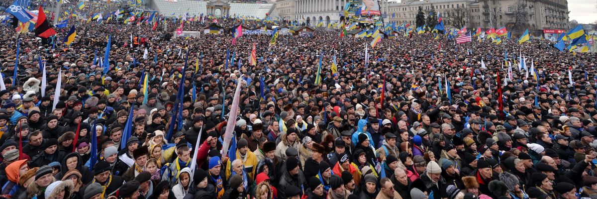 A general view shows a mass rally called "The March of a Million" held on Kiev's Independence Square on December 8, 2013