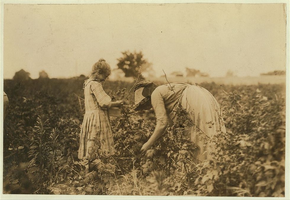 A girl and her mother picking berries.