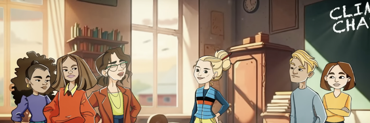 A girl stands in the center of a classroom while other students glare at her.