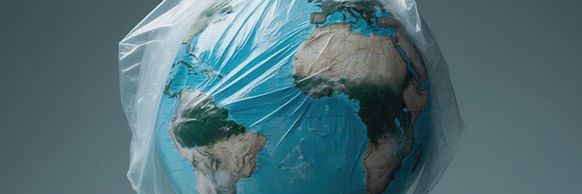 A globe is covered in plastic wrap. 